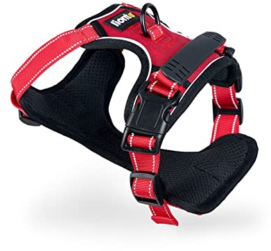 lionto Hundegeschirr gepolstert aus weichem Nylon, Größe M, reflektierendes Anti Zug Geschirr für Hunde mit 2 Ringen & 4 Einstellgurten, Zwei Klickverschlüsse & gummierter Griff am Rücken, rot