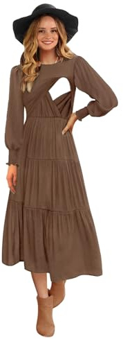 CzzzyL Womens Maternity Nursing Dress Long Sleeve Smocked Clothing Swing Hem A Line Breathable Baby Shower Ruffle Pleated Dresses with Pockets(Coffee,Large)