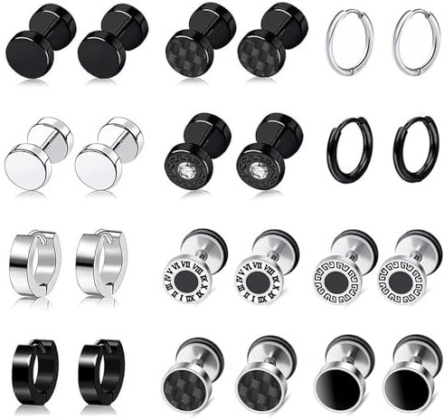 12 Paar Herren Edelstahl Ohrringe, Ohrringe Schwarz Herren, Allergiefreie Ohrringe Ohrstecker, Fake Plugs Ohrringe, Silber Creolen, Tunnel Ohrringe für Herren Damen