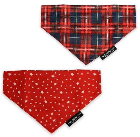 Ancol Dog Bandana Tartan Star Patterned - Adorable Puppy Scarf Tie Neckerchief - Cute Fun Party Pet Collar Accessory - Pack of 2
