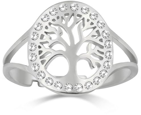 Dreamtimes Árbol de la vida Anillos para las mujeres Anillo de apertura ajustable Acero inoxidable Color oro Clear Zircon Anillos redondos Árbol de la familia Encanto Joyería de lujo Anillo (Plata)