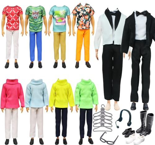 23 pz. Abbigliamento per bambole compatibile con gli abiti di Ken, tra cui 1 abito da cerimonia, 1 maglione, 6 giacche da pantaloni, 20 paia di scarpe, 5 mensole, 1 cuffie, 1 occhiali, adatti per una