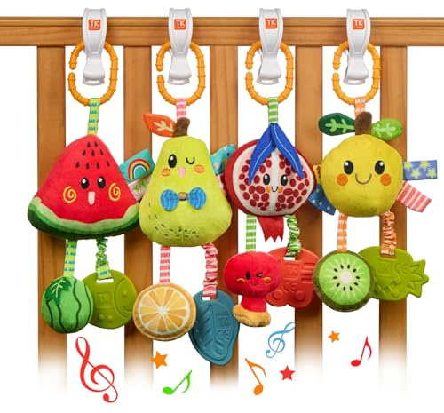 TUMAMA Baby Kinderwagen Spielzeug ab 0 2 3 4 6 9 12 Monate, Früchte Spielbogen Anhänger Greifspielzeug Babyspielzeug, Greifling Rassel Hängespielzeug Geschenk Babies Neugeborenen Jungen Mädchen (4pcs)