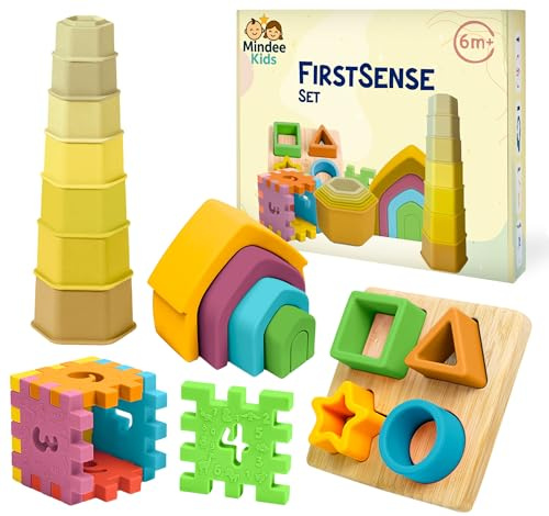 Mindee Kids Juguetes Bebes 6-12 Meses -Set Montessori de Silicona 4 en 1 Sensoriales Niños 1 Año, Juegos Educativos.