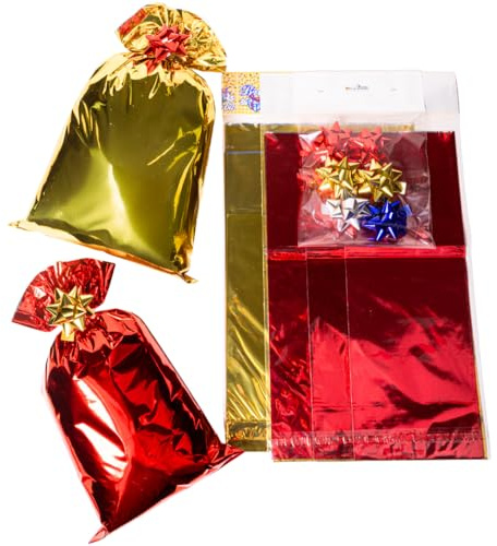 Kit de bolsas de regalo metalizadas doradas y rojas con lazos adhesivos – 6 unidades en 3 tamaños (15 x 25, 20 x 35, 25 x 40 cm) – Polipropileno brillante doble cara, sobres regalo elegantes para