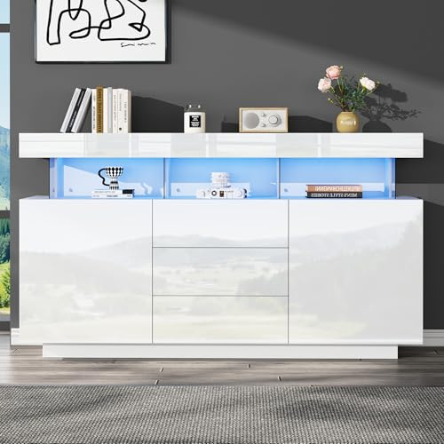 BTM High Gloss Storage Cabinet with LED Lights, Sideboard Buffet with 3 Drawers 2 Doors, Highboard Cabinet with Adjustable Shelves, Chest of Drawers, Standing Cabinet, 140 * 35 * 80cm, White
