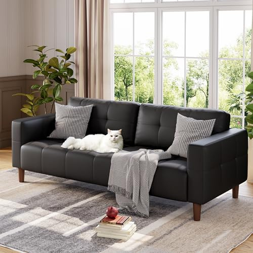 GarveeHome 3-Seater Sofa Couch, 83 Wide Faux Leather Sofa Couch with Spring Cushion, Modern Sofa with Deep Seats and 2 Removable Back Cushions, for Living Room, Apartment, Office, Modern Black