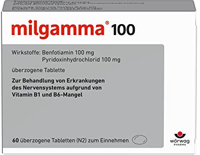 milgamma® 100 mg überzogene Vitamin B1 Tabletten mit Benfotiamin B1 (eine fettlösliche Vorstufe von Vitamin B1) und Vitamin B6, 60 Stück