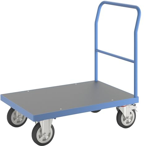 eurokraft | Plattformwagen | Rohrschiebebügel | Vollelastikreifen | LxB 1050 x 700 mm | lichtblau