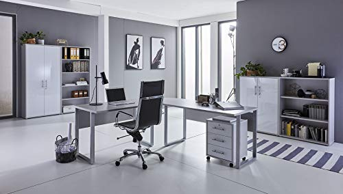 BMG-Moebel.de Büromöbel komplett Set Arbeitszimmer Office Edition in Lichtgrau/Weiß Hochglanz (Set 1)