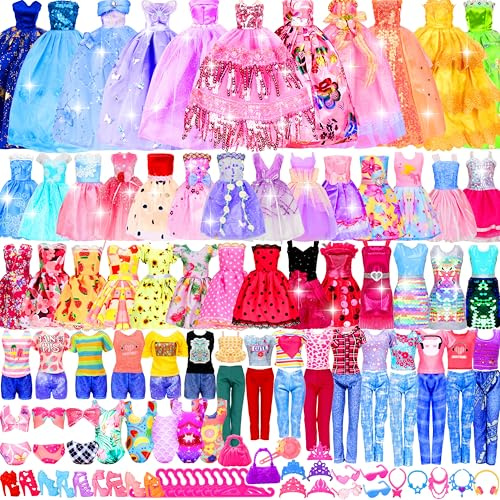 195 Pcs Doll Clothes and Accessories Kit, Include Princess Gowns, Fashion Skirt, Slip Dresses, Tops, Pants, Bikini Swimsuits, Shoes, Crowns, Necklaces, Glasses, Hangers in Gift Box for 11-12 Dolls