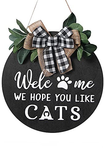 Alnicov Willkommensschild, 30 cm, Aufschrift Welcome We Hope You Like Cats aus Holz, Willkommenskranz, Türhänger für Weihnachten, Einweihung, Urlaub, Heimdekoration