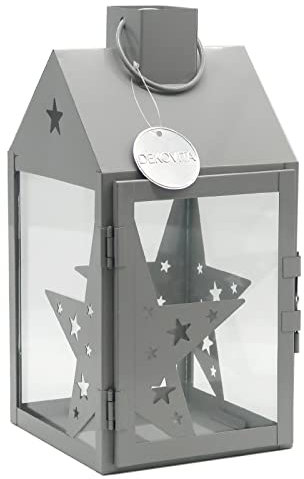 Dekovita 30cm Metall-Laterne Sterne Lichthaus - Gartenlaterne mit Glas-Scheiben - Windlicht Haus Deko-Laterne