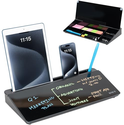 Vivo Glass 40,6 x 17,78 cm torr raderbar bräda med förvaring, skrivbord whiteboard-organiserare med dolda fack och enhetsfack, svart, skrivbords-WB16B