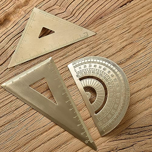 Set di 3 righelli in ottone con goniometro 30/60 a 45 gradi, righello triangolare per la matematica, strumenti educativi per la misurazione della geometria, stile vintage retrò, cancelleria per scuola