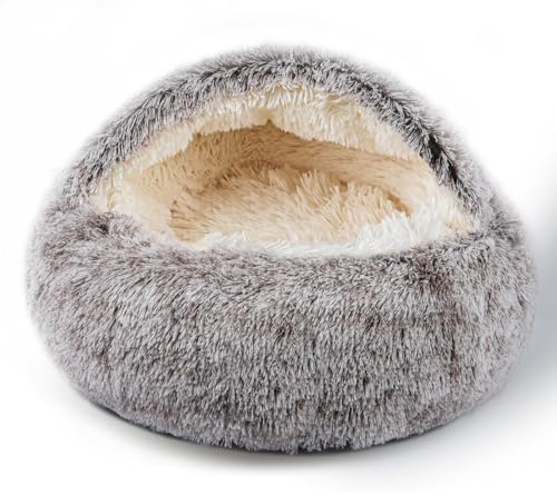 BELEEWILWON Cat Bed for Indoor Cats, Calming Cozy Cave with Self-Warming Plush, Entire Bed Machine Washable & Anti-Slip Base, Breathable Pet Bed for Small Cats&Dogs All Seasons (Khaki, 20 * 20inch)