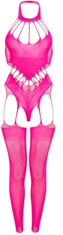 MIZSPISE Women's Fishnet Teddy Sexy Lingerie Lace Flexible Sling Lingerie Mesh Bodysuit Babydoll Chemise Nightwear Halter Garter Dress Halter Corset Front Cross Back Ribbed Cut-Out (Fluorescent Pink)