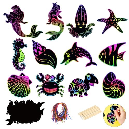 48 Stück Meerjungfrau Kratzbilder für Kinder, Art Kratzpapier mit Bändern, Kinder Kratzpapier, Regenbogen Scratch Art für Party Mitgebsel, Geburtstag, Meer Themen, Partydekorationen