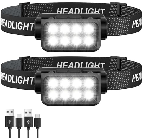 Rechargeable Headlamp Flashlight 2-Pack, 8 LED 2500 Lumen Ultra-Light Bright Headlight with Motion Sensor, Waterproof Lightweight Head Lamp for Adult Kid, Headlamps for Outdoor Camping Running Fishing