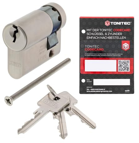 ABUS A93 Låscylinder, individuellt tillverkad, dörrcylinder, låssystem med 3 nycklar och ToniTec kodekort, profil C73, storlek 10/65 mm, halvcylinder