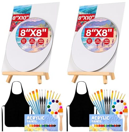 Date Night Painting Kit, 62 Pcs Detail Paint Brushes Canvas Panels with Wood Easel 12 Colors Acrylic Paint, Circular Canvas Art Aprons Sip and Paint Supplies for Adults, and Beginner