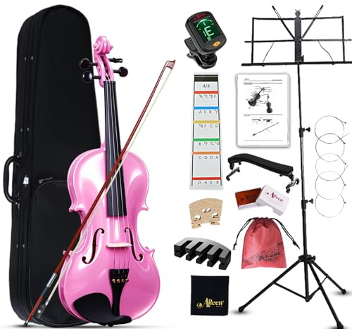 Aileen 4/4 Violín de Tamaño Completo para Adultos Principiantes, Fiddle Kit de Iniciación para Niños de 12 Años o Más, Rosa Violín Set Estudiante con 13 Accesorios, incluyendo Atril, Pegatina Nueva