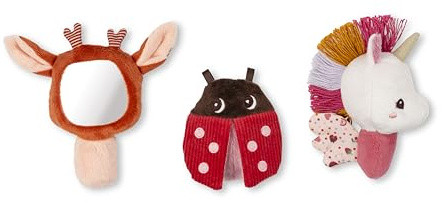 LILLIPUTIENS, Léna, Set de 3 Hochets Sensoriels Bébé, Dès la Naissance | 3 Animaux en Tissu, Miroir, Ailes Crépitantes et Textures Variées, Coffret Cadeau Bébé Illustré, Idée Cadeau de Naissance