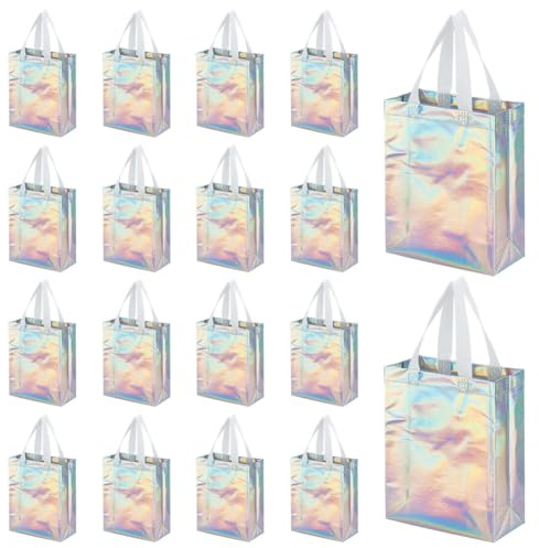 CUTHOLLOW 18 Stück Glitzer Geschenktüten mit Henkel, 39x20x10,5 cm, Wiederverwendbaren Glänzende Mitgebsel Tüten, Irisieren Geschenktüte mit Stabilem Sockel, zum Geburtstag, Hochzeit, Party
