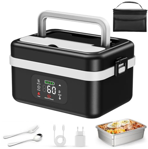 Scaldavivande Elettrico Portatile, 1L Porta Pranzo Riscaldabile con Touch Screen, Scalda Vivande Portatile Elettrico con Stoviglie in Acciaio Inossidabile e Borsa Termica per Auto Ufficio Viaggi