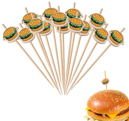 Palitos de Cóctel,Paquete de 100 Palitos de Cóctel de Bambú con Diseño de Hamburguesa Pinchos de Madera para Mini Panecillos de Hamburguesa Decoraciones de Comida Fiestas y Mesas de Picadillo