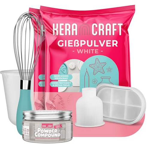 KERACRAFT Gießpulver Starterset - 1kg Gießpulver weiß, Silikonbecher, Schneebesen, Powder Compound beige 50g, Silikonform Vase No. 1, Tablett