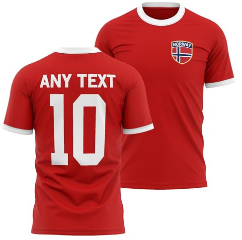 Norway Mens Ringer T Shirt - Norwegian Badge Custom Name Number Tee - Red/White Football Supporter Fan Top