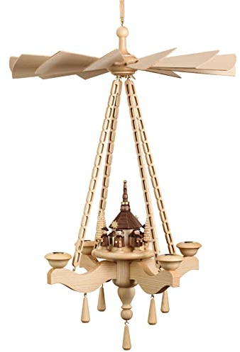 Deckenpyramide Hängepyramide Kurrende mit Kirche #0850 inkl. 4 Teelichtaufstecker Echt Erzgebirge®