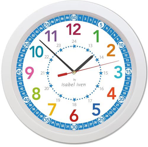 Isabel Iven® Designer Wanduhr Kinder - Lautlose, farbenfrohe Kinderwanduhr, Blauer Rand, Durchmesser 30 cm, Einfache Aufhängung, Wanduhr für Jungen und Mädchen, Lernuhr für Kinder von Designerin