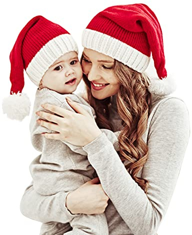 Yanmucy Lot de 2 chapeaux de Noël parent-enfant en tricot chaud assorti pour la famille - Chapeau de Père Noël rouge pour adultes et nouveau-nés