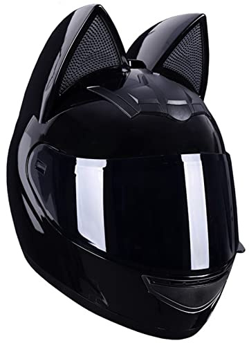 Caschi Moto Integrali da Donna Con Orecchie Di Gatto,Casco Integrale Lenti Nere Quattro Stagioni Traspiranti,Casco Moto Personalità Con Orecchie Di Gatto Certificazione ECE/DOT 23,S