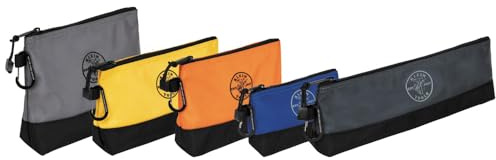 Klein Tools 55569 Stand-Up Zipper Bag Tool Pouch with Carabiners, Reinforced Gusseted Bottoms, Water Resistant 1680d, Multi-Size 5-Pack