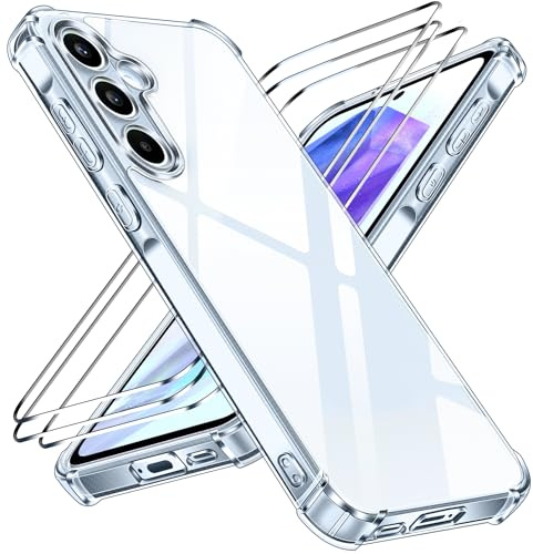 ivoler Anti-Jaunissement HD Clair Coque pour Samsung Galaxy A55 5G avec 3 Pièces Verre Trempé, [Protection Militaire] Transparente Étui de Protection Antichoc avec Coins Renforcés Mince Bumper Housse