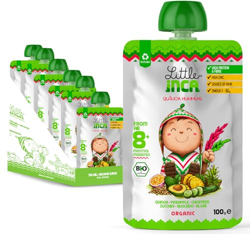 Little Inca Organic Baby Food Pouches Quinoa Hummus (6x100g) | Middle Eastern-Inspired Dairy-Free Baby Pouches | 8 Months+ | Recyclable Plant-Based Veg & Fruit Pouches | Supports Gut/Cognitive Health