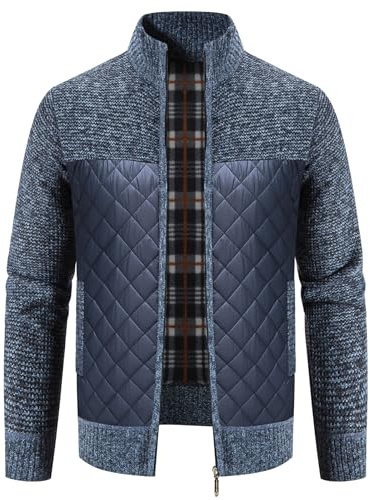 KUDORO Cardigan Gilet Homme Veste en Maille Ouvrez-Front Zippé avec Col Montant Tricoté Chaude Veste d'hiver Doublé en Polaire(Bleu,M)