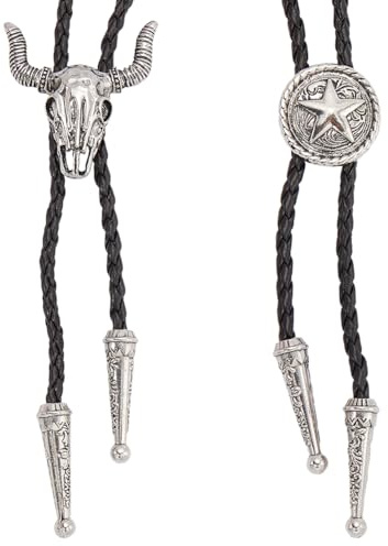 GORGECRAFT 2 UNIDS 2 Estilos Corbatas de Bolo de Cuero Negro Plata Vintage Cabeza de Vaca Redonda Estrella Colgante Collar Ajustable Vaquero Occidental Retro Corbata Bola Corbata Rodeo Joyería