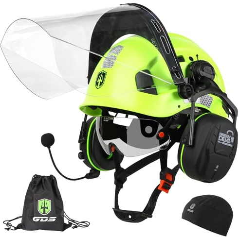 GREEN DEVIL Forestry Chainsaw Safety Helmet with Bluetooth Ear Muffs Arborist Helmet Hard Hat with Built-in Visor Face Shield 5 in 1 System Logging Garden Work Hardhats for Men Women