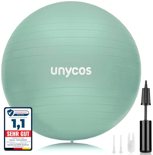 unycos - Gymnastikball 65 cm Sitzball Trainingsball für Yoga, Fitness, Medizinball, Balance Ball, Core Training Strength, Pilates-Ball | Inkl. Pumpe, BPA-Frei, Anti-Burst (Grün mit Logo)