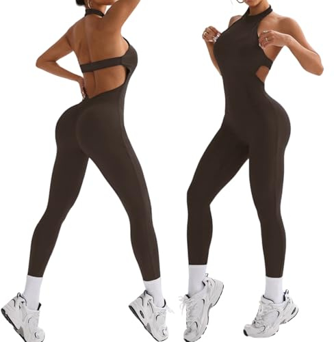 XDSP Overall i ett stycke för kvinnor sport dam sömlös jumpsuit sexig bodysuit smal passform rygglös elastisk elegant body overall onesies onesie sportkläder gym fitness yoga, Brun – 1, M
