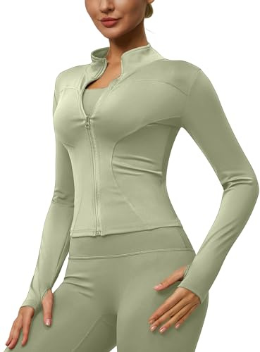 Heersan Chaqueta Deportiva para Mujer Sudadera Mujer con Cremallera y Agujeros para Los Pulgares de Manga Larga Camiseta Transpirable para Correr, Yoga, Gimnasio S-XXL