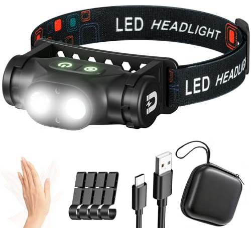 Pawfly Linterna Frontal LED Recargable, Superbrillante, 4 Modos, Sensor e Imán, IPX4, Ligera, Impermeable, Mini Linterna para Correr, Camping, Pesca [Clase de Eficiencia Energética A+++]