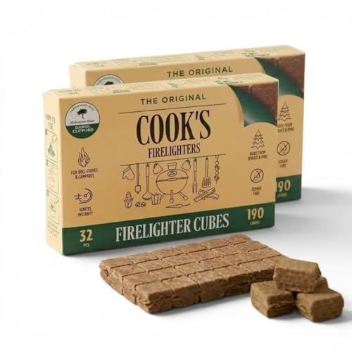 32pc Firelighter Cubes, 190g, Cook's Natural Firelighter Cubes, Compact Small Pack for BBQ, Stoves & Fireplaces (2-Box, 64pcs)