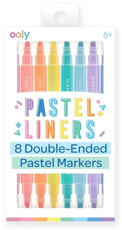 Ooly Pastel Liner Dual Tip Markers - Set of 8 Water Based Colors, 5.0mm Chisel and 3.0 Liner Tip on each Marker for Kids, Double Ended Markers for Art Supplies - Chisel/Liner Tips