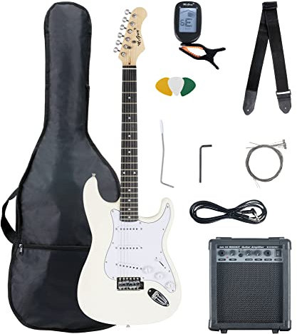 McGrey Rockit ST Komplettset E-Gitarre (8-teiliges Anfängerset mit Gitarre, Verstärker, Ersatzsaiten, Gitarrentasche, Stimmgerät, Plektren, Gurt und Gitarrenkabel) White