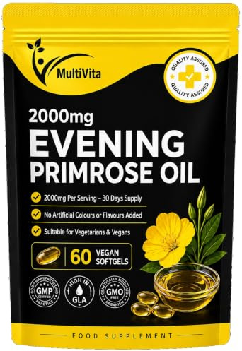 Multivita Evening Primrose Oil EPO 1000mg 90 Capsules | Vegan Cold Pressed Supplement | Provides GLA & Vitamin E | 100% Quality Satisfaction , No GMOs - UK Made Vegan Soft Gels